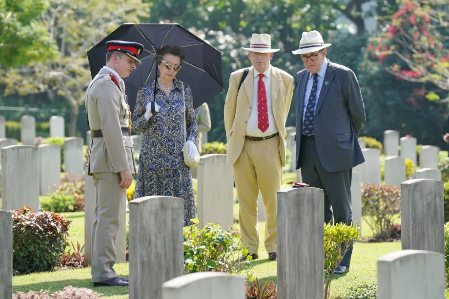 The Princess Royal lays a wreath during a visit to Commonwealth War Graves Commission Jawatte Cemetery in Colombo, Sri Lanka, as part of day three of their visit to mark 75 years of diplomatic relations between the UK and Sri Lanka. 
