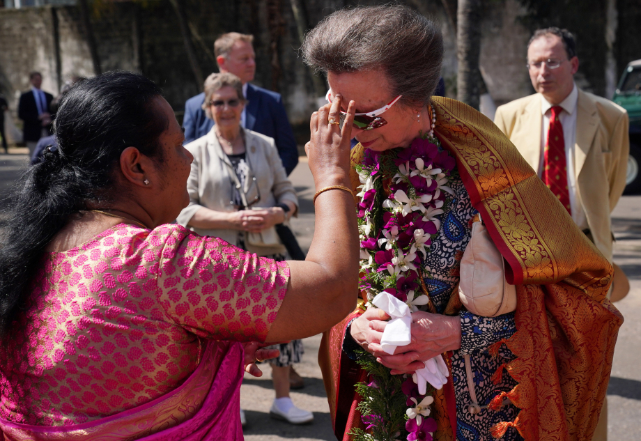 The Princess Royal is marked with a pottu, a traditional dot upon the forehead, upon her arrival to visit to Vajira Pillayar Kovil Hindu temple in Colombo, Sri Lanka, as part of day three of her visit to mark 75 years of diplomatic relations between the UK and Sri Lanka