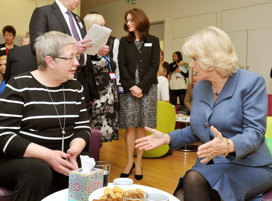 The Duchess of Cornwall talks with cancer patient Mrs Carol Sealey and her husband Steve, during a tour of the new Macmillan Cancer Support unit in the University College Hospital, in central London in 2013. 