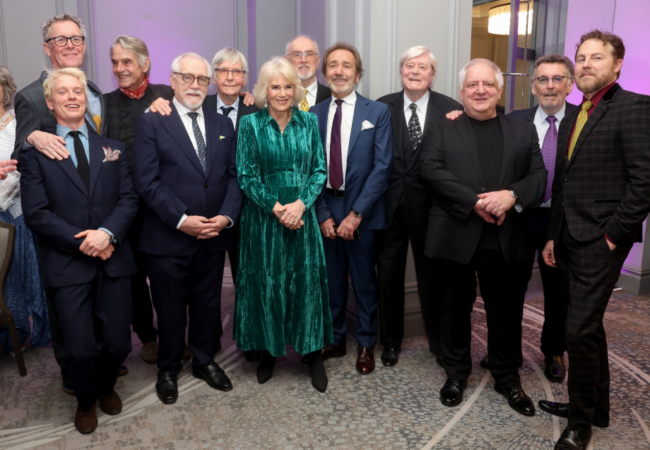 Queen Camilla meets (left to right) Alex Jennings, Freddie Fox, Jeremy Irons, Brian Cox, Tom Courtenay, Peter Egan, Robert Lindsay, Martin Jarvis, Simon Russell Beale, Robert Powell and Samuel West at a Celebration of Shakespeare event at Grosvenor House, central London, marking 400 years since the first Shakespeare folio.
