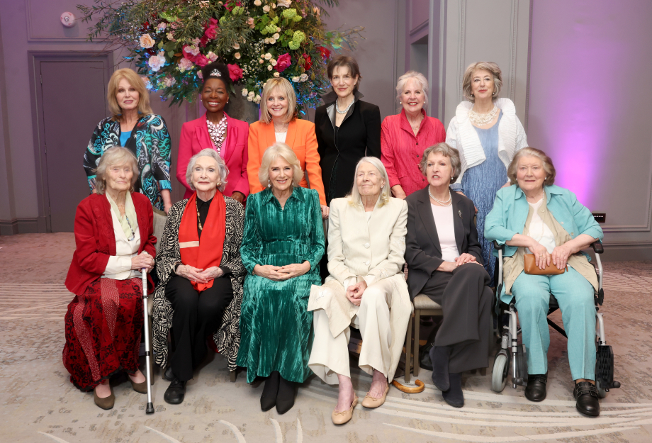 Queen Camilla meets (front row third left) with Dames (left to right back row) Joanna Lumley, Floella Benjamin, Twiggy Lawson, Harriet Walter, Penelope Wilton, Maureen Lipman (left to right front row) Virginia McKenna, Sian Phillips, Vanessa Redgrave,…