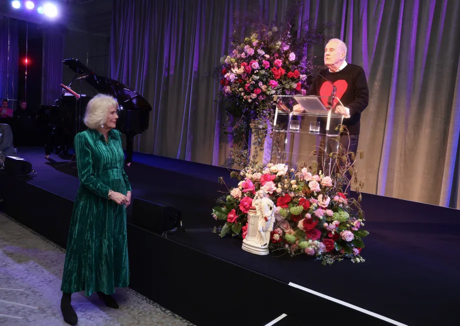 Queen Camilla listens to a speech by host Gyles Brandreth at a Celebration of Shakespeare event at Grosvenor House, central London, marking 400 years since the first Shakespeare folio