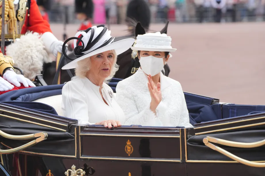 Queen Camilla with Empress Masako of Japan arriving at Buckingham Palace