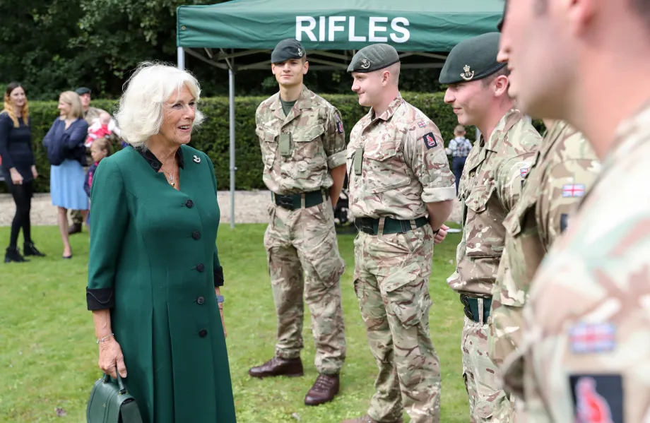The then Duchess of Cornwall speaks to Riflemen during her first visit to the 1st Battalion