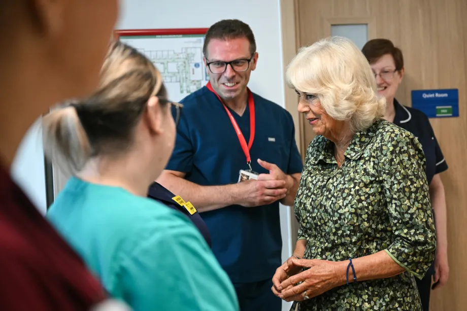 The Queen speaks with members of staff during a visit to open the new Dyson Cancer Centre at Royal United Hospitals Bath NHS Foundation Trust