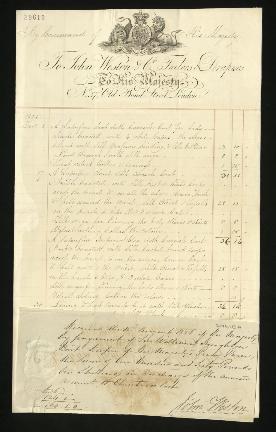 This bill, dating from December 1825, is from John Weston to King George IV in respect of several tailoring commissions