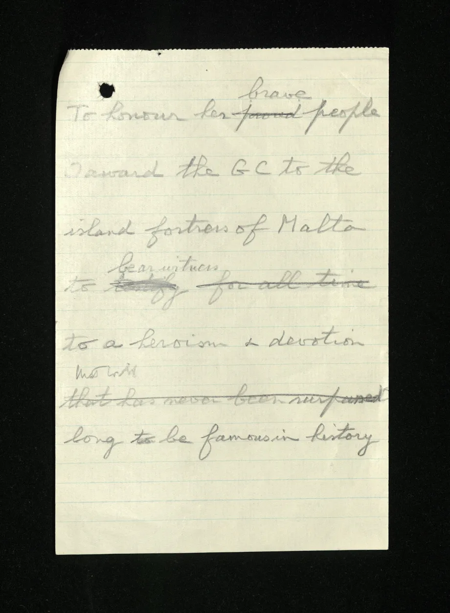 Draft version of the message awarding the George Cross to Malta