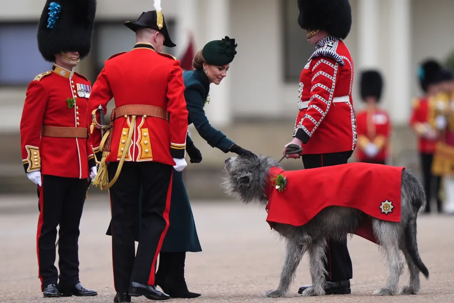 The Princess presents traditional shamrock to the Irish Guards' regimental mascot