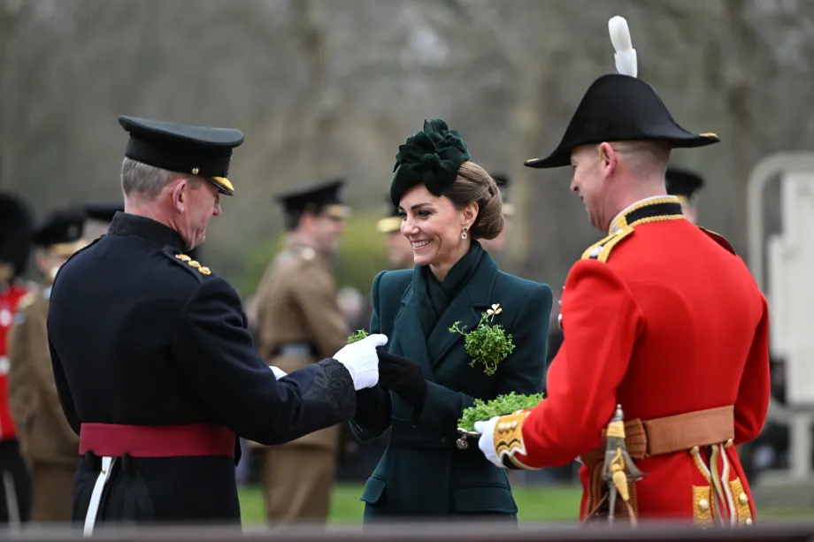 The Princess of Wales presenting traditional sprigs of shamrock to officers and guardsmen during visit to the Irish Guards for St Patrick's Day Parade