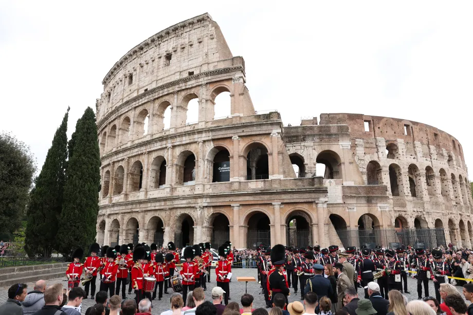 The band of the Welsh Guards and the Sassari Brigade Band playing ahead of the arrival of Their Majesties at the Colosseum