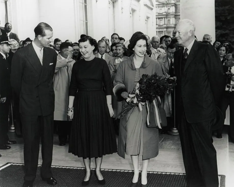 President Dwight D. Eisenhower, First Lady, QE2, and Prince Philip stand at the North Portico of the White House, 1957. NARA.jpg