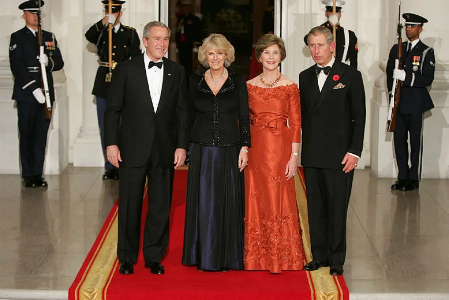 President George W. Bush and First Lady Laura Bush with Prince Charles and The Duchess of Cornwall at the White House, 2005. NAR.jpg