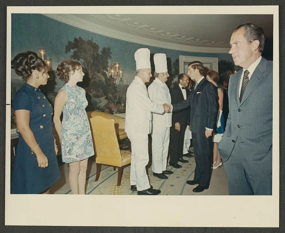 Prince Charles shakes hands with White House Executive Chef Henry Haller following a dinner at the White House, 1970. Courtesy o.jpg