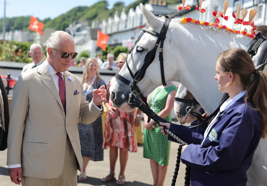 The King meets a working horse during a visit to the Douglas Horse Tramway