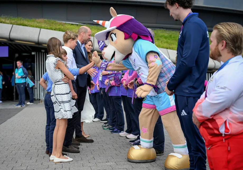 The Prince and Princess of Wales meet the mascot of the Games, Finnie