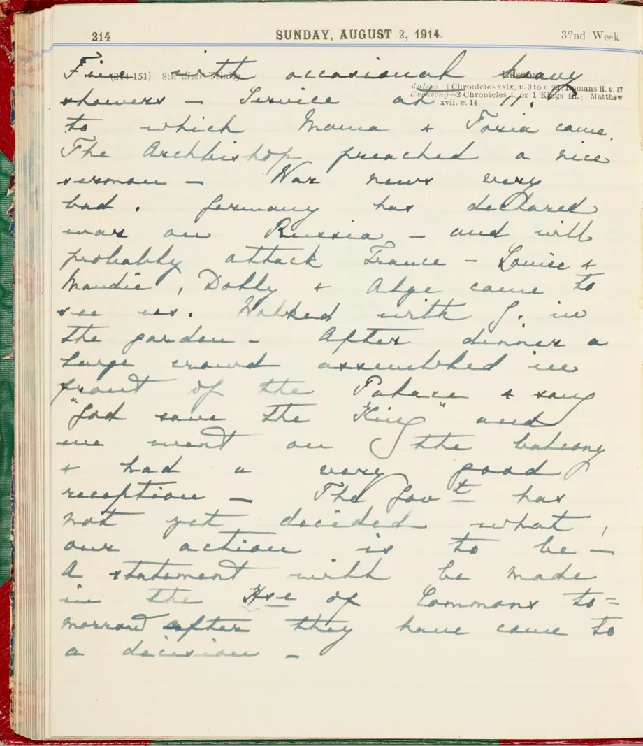 Queen Mary's Diary entry 2 August 1914