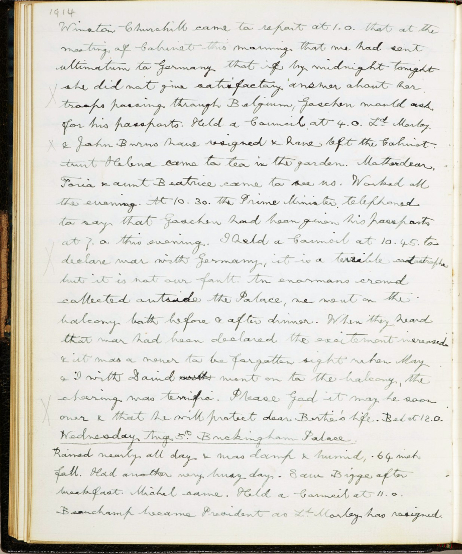 George V Diary entry from 4 August 1914