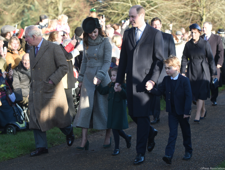 The Prince of Wales, The Duke and Duchess of Cambridge, Prince George and Princess Charlotte arrive for St Mary Magdalene Church in Sandringham 