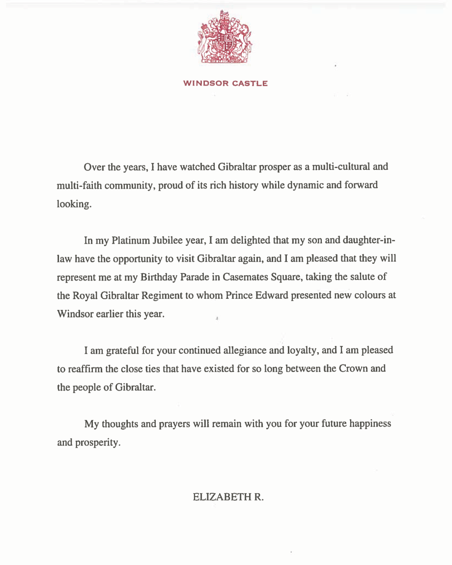 A message from The Queen to the people of Gibraltar