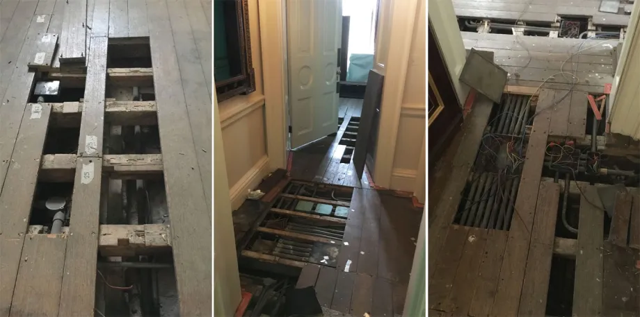 VIR cabling under the floorboards at Buckingham Palace