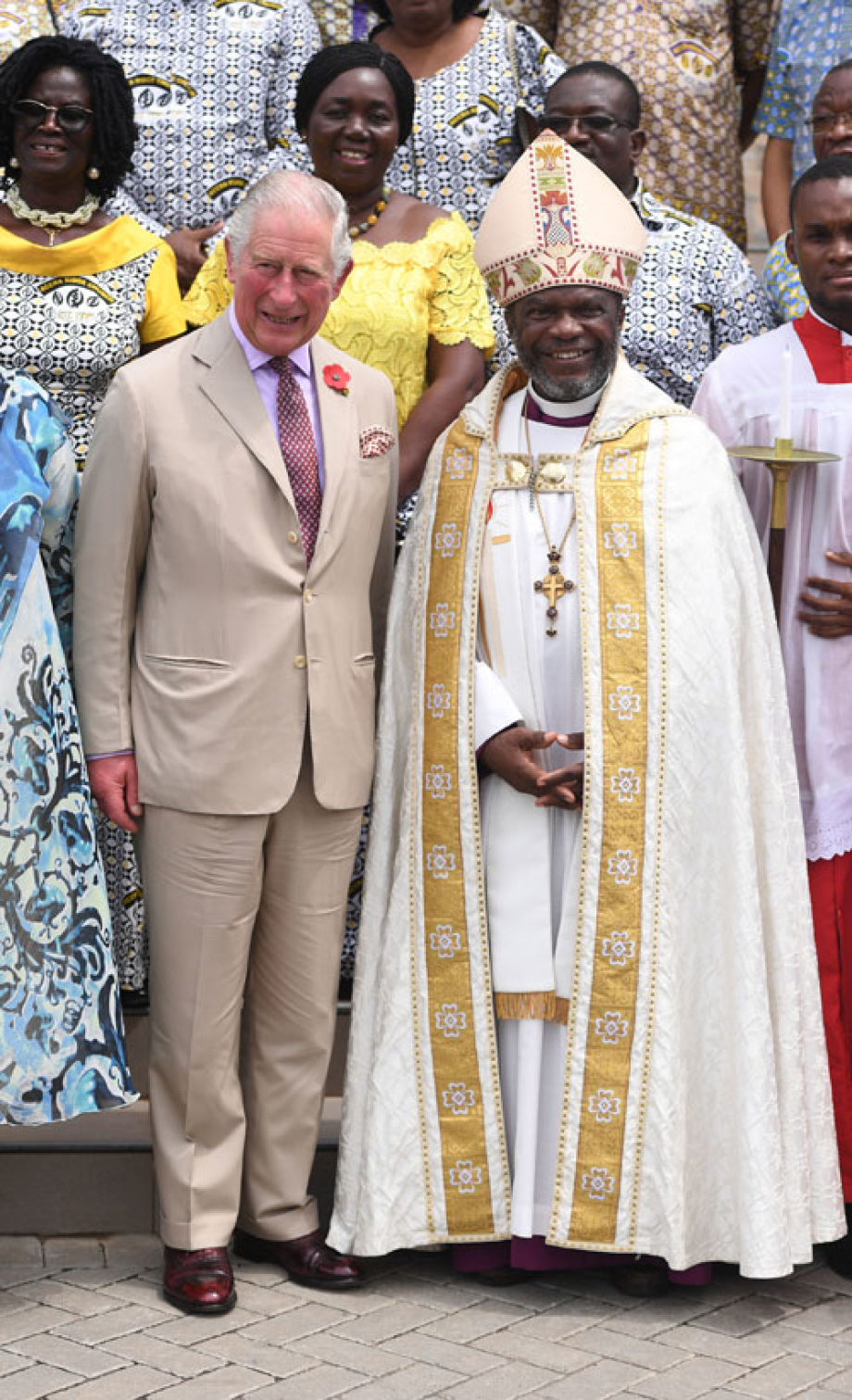 The Prince of Wales with Most Reverend Dr J.O. Akrofi, Anglican Archbishop of Accra, following a Thanksgiving Service at Ridge Church in Accra