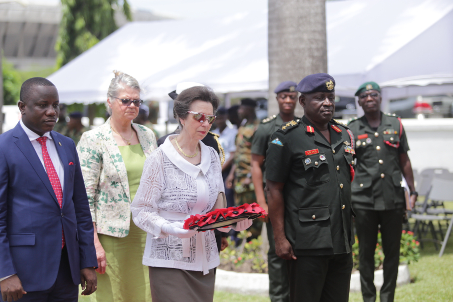The Princess Royal lays a wreath at Christiansburg War Memorial in Ghana