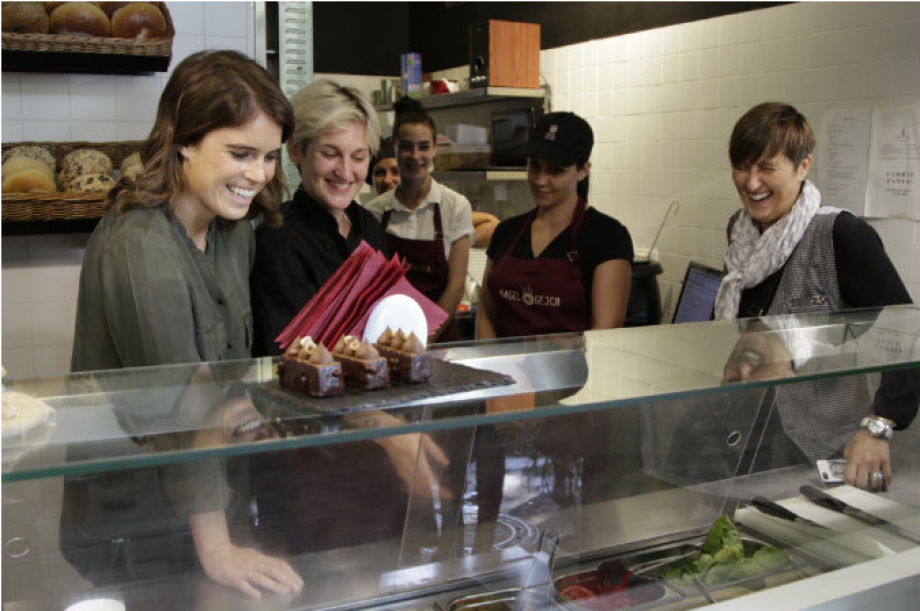 Princess Eugenie visits UN Trust Fund grantee ATINA’s bagel shop, which focuses on business and skills training for victims of trafficking during a visit to Serbia in September 2018