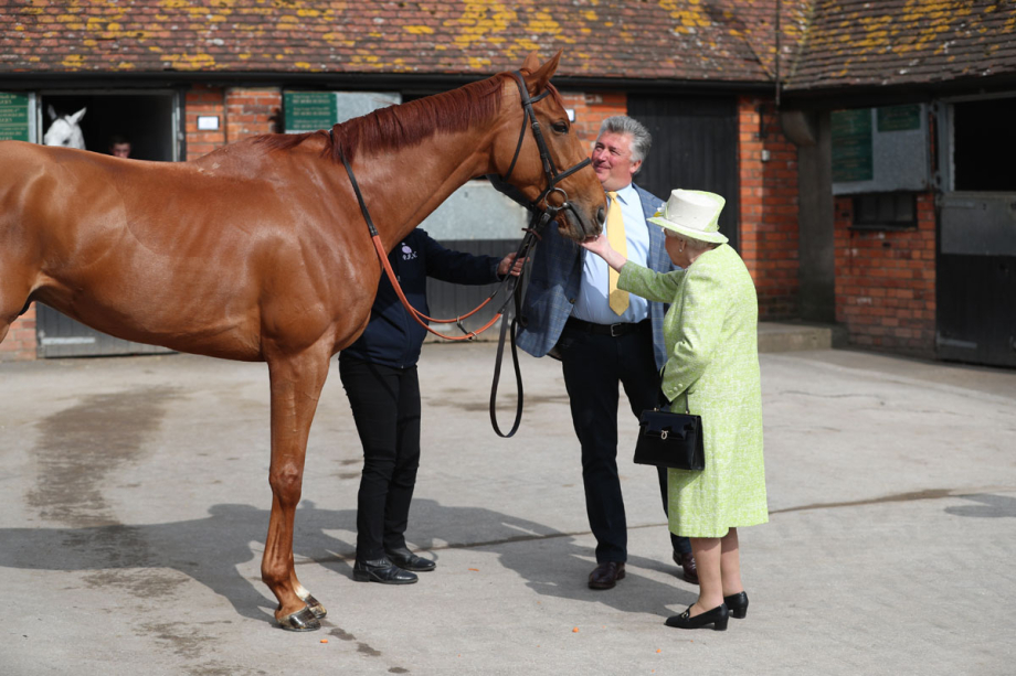 The Queen’s first engagement of the day was at the Manor Farm Stables in Ditcheat, where Her Majesty saw horses on parade. 