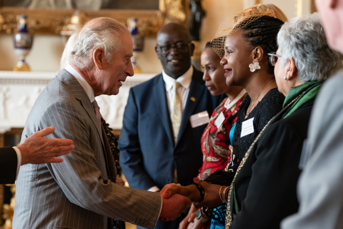 King Charles III with Ms Roseline Njogu, Kenya High Commission, during a reception for the Kenyan diaspora in the UK at Buckingham Palace, central London, to celebrate the warm relationship between the two countries and the strong and dynamic partnership they continue to forge ahead of his Majesty's state visit to Kenya.