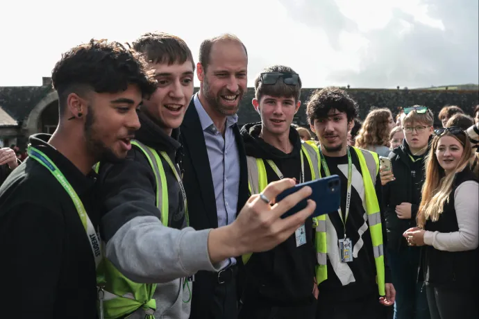 The Duke of Cornwall, Prince William, poses for a selfie with students at Duchy College, Cornwall