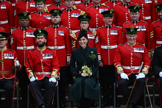 The Princess of Wales laughing and joined by the Irish Guards