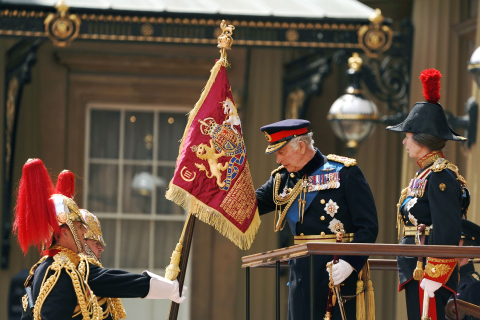 The King and The Princess Royal present the new Sovereign's Standard to The Blues and Royals 