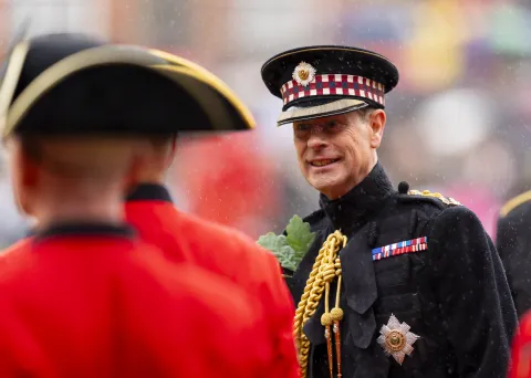 The Duke of Edinburgh speaks to Chelsea Pensioners during the Royal Hospital Chelsea's Founders Day ceremony