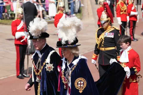 King Charles III and Queen Camilla arrive to attend the Order of the Garter Service